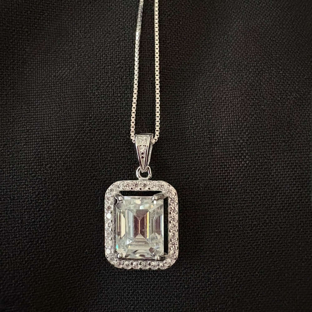 3CT Emerald Cut Moissanite Halo Necklace | S925 | GRA Certified NWT